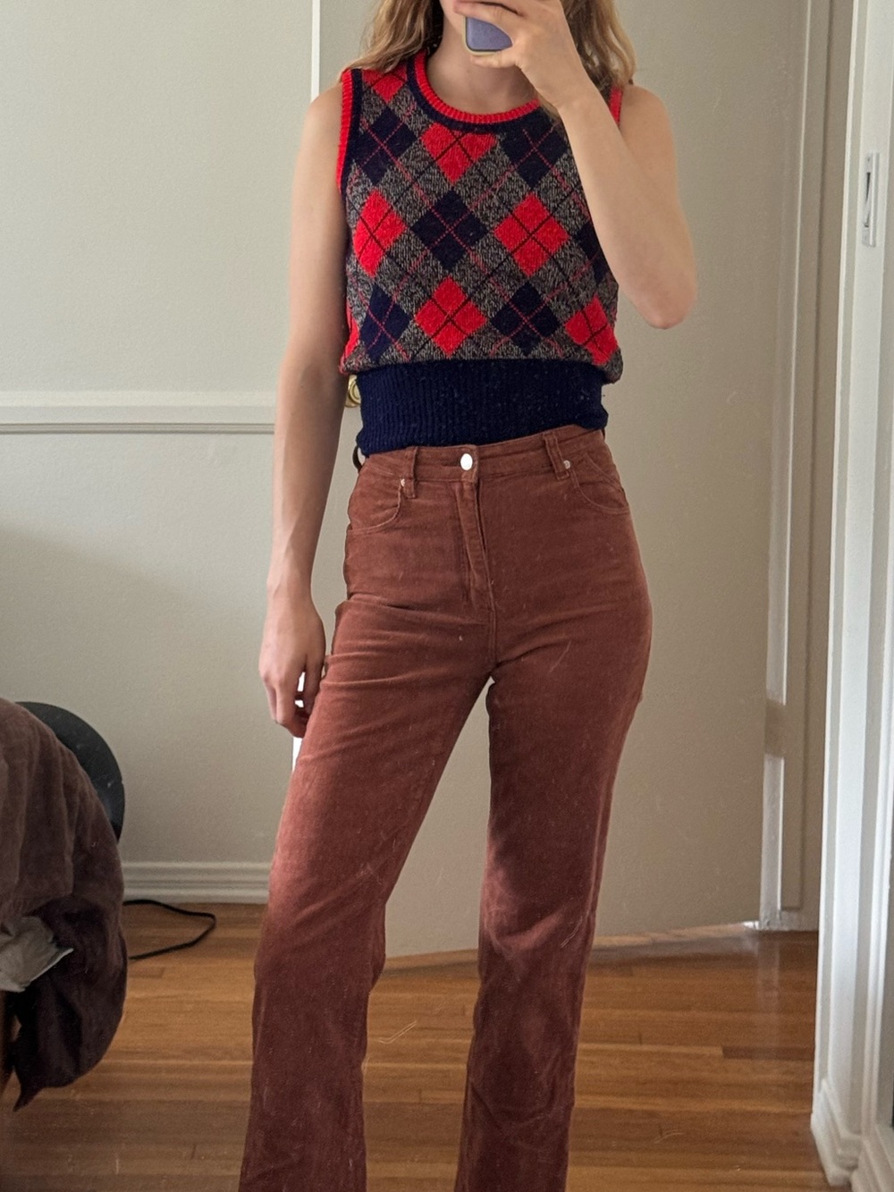 Vintage Handmade Red & Navy Argyle Knit Sweater Vest